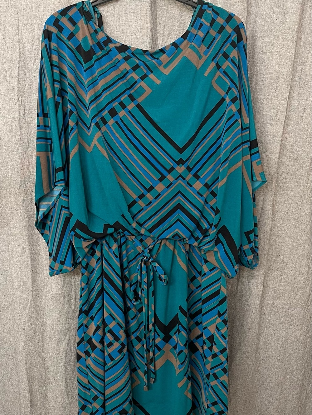 Jessica Simpson Teal Geometric Print Tie-Waist Long Sleeve Dress